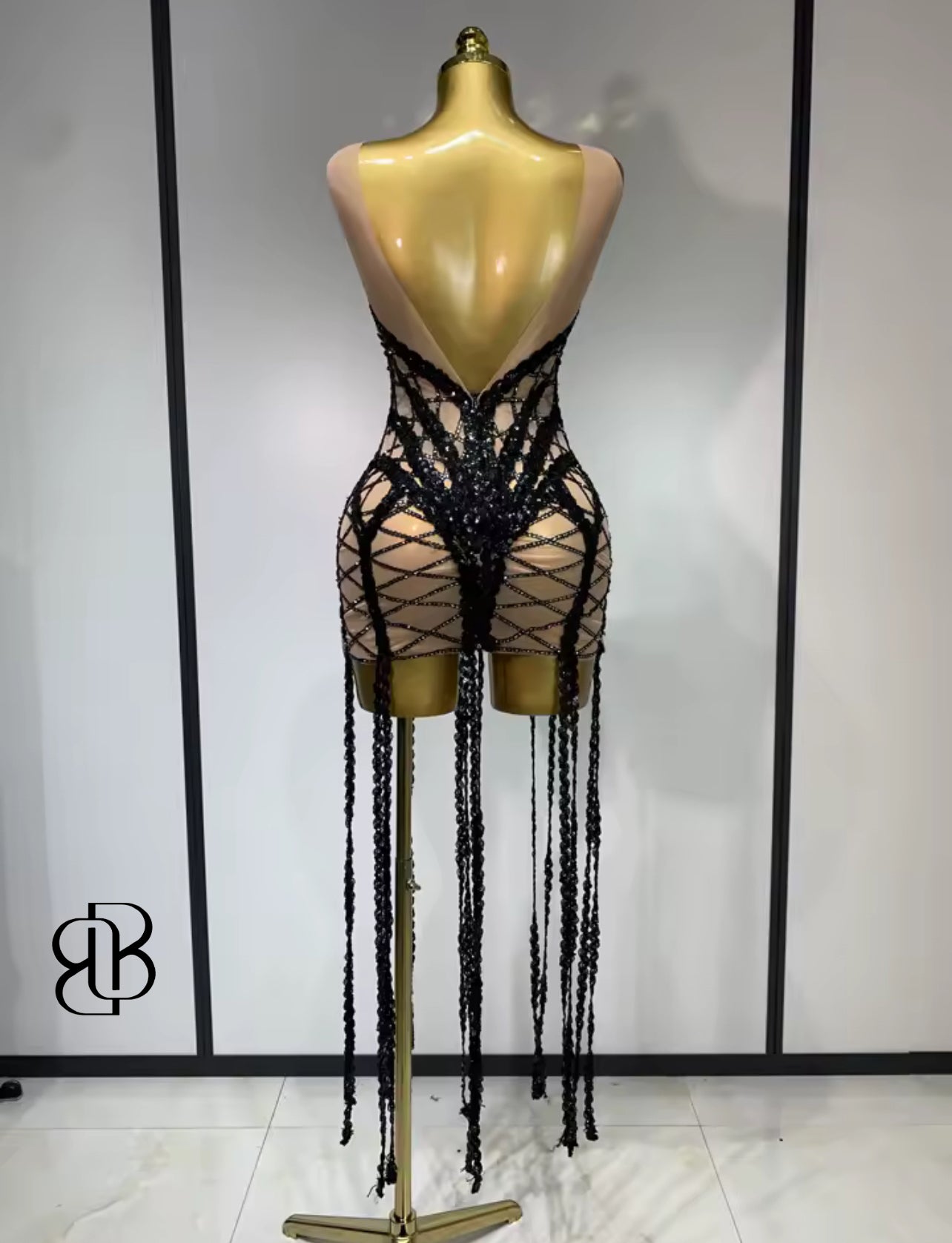 Seductress Noir Beaded Fringe Mini Dress