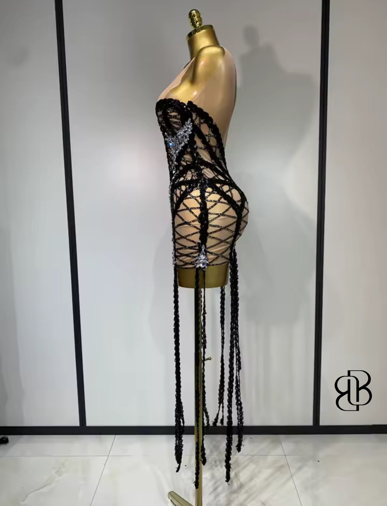Seductress Noir Beaded Fringe Mini Dress