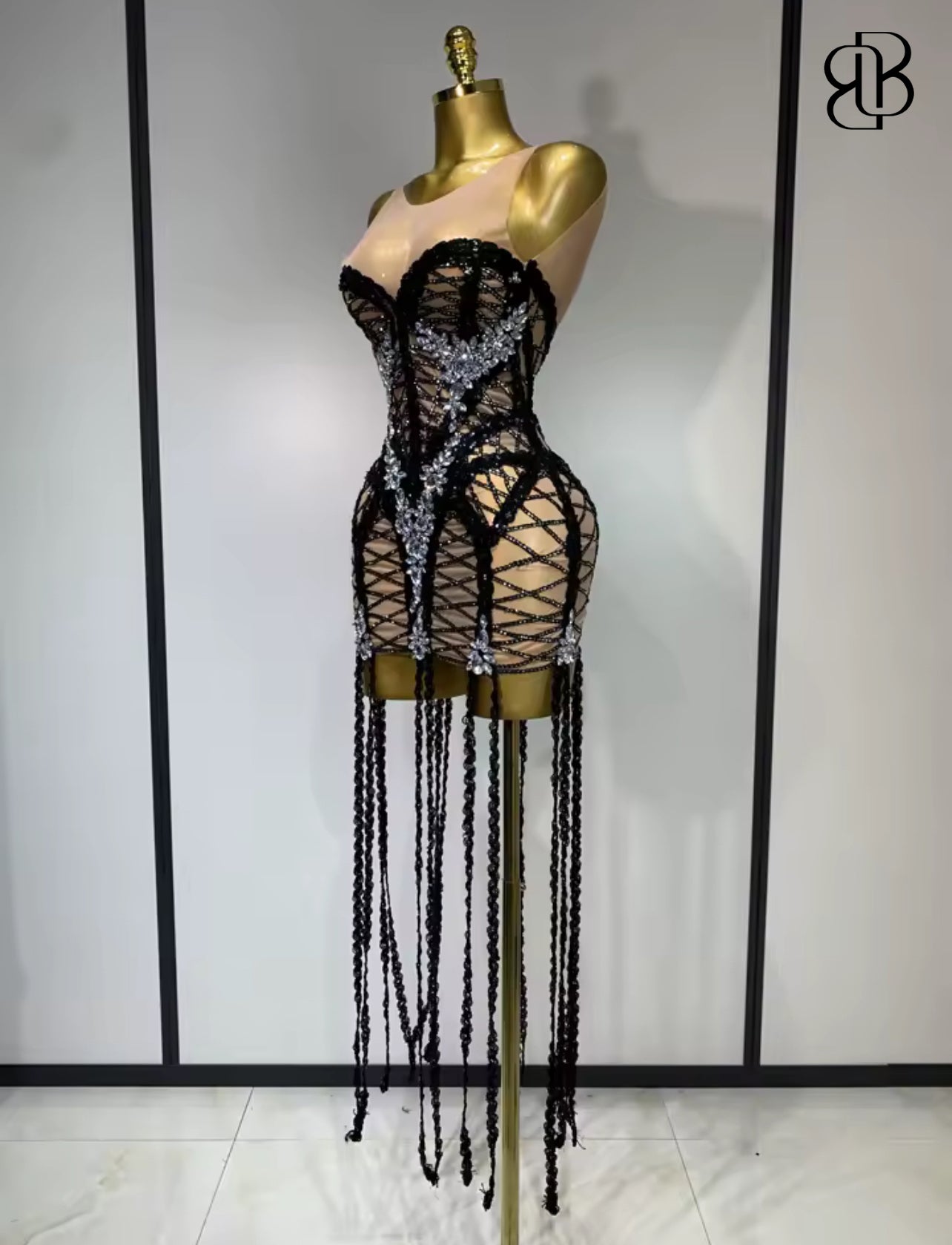 Seductress Noir Beaded Fringe Mini Dress