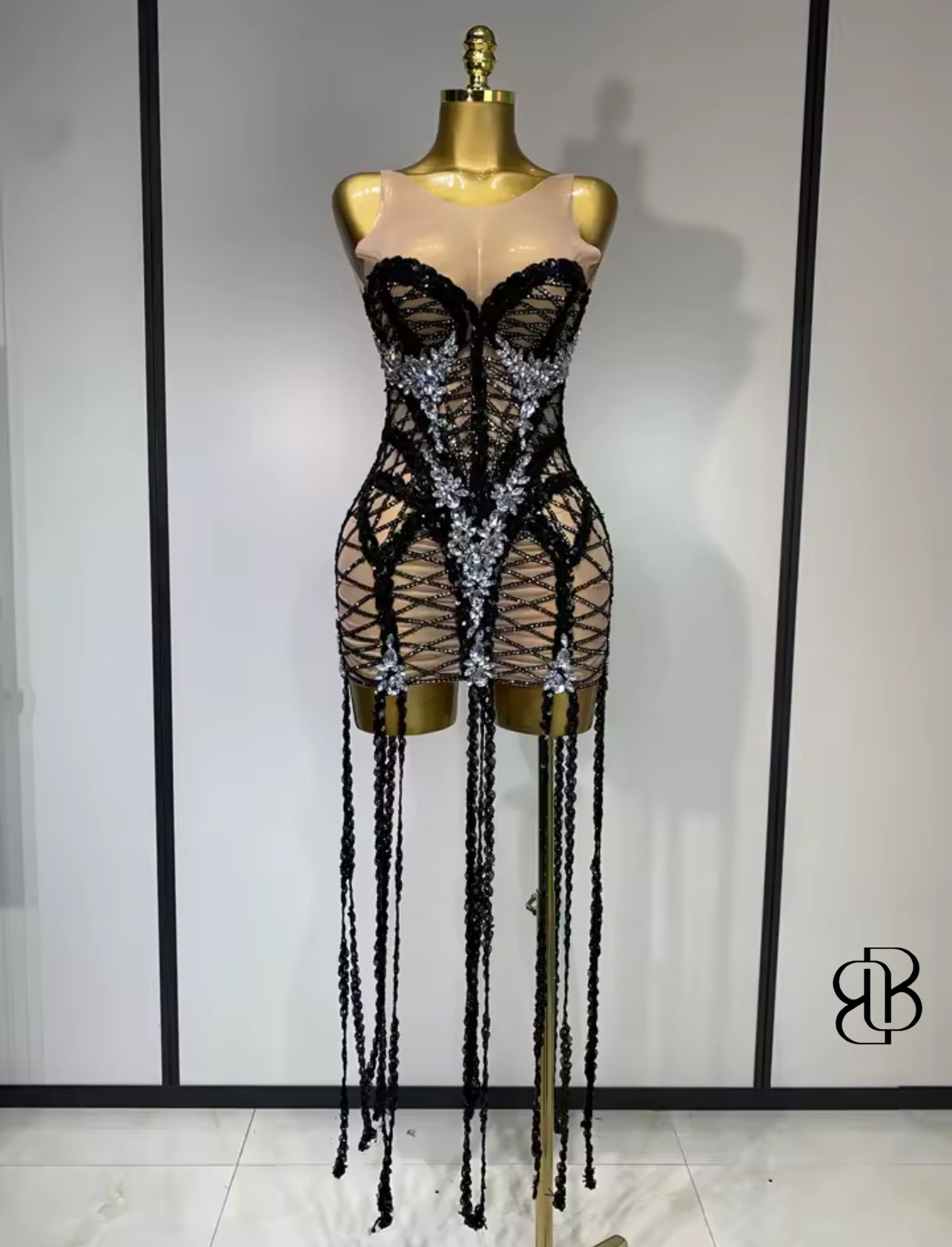 Seductress Noir Beaded Fringe Mini Dress