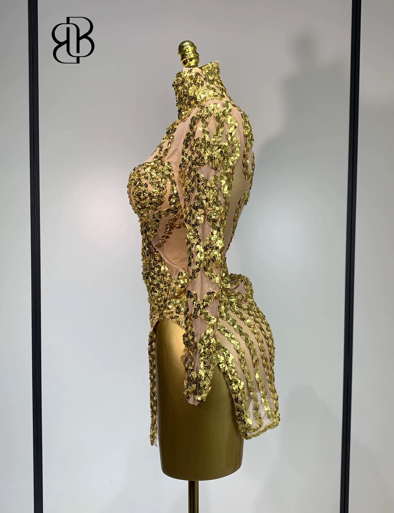 Regal Sparkle High-Neck Mini Dress (Gold & Silver)