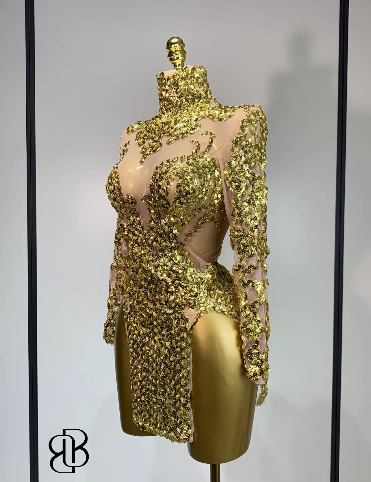 Regal Sparkle High-Neck Mini Dress (Gold & Silver)