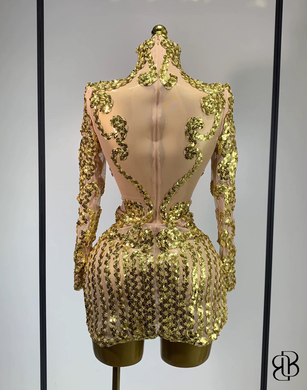Regal Sparkle High-Neck Mini Dress (Gold & Silver)