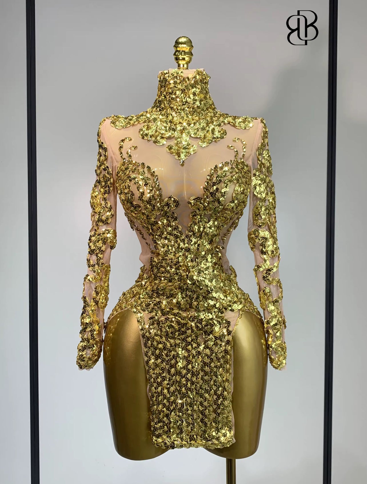 Regal Sparkle High-Neck Mini Dress (Gold & Silver)