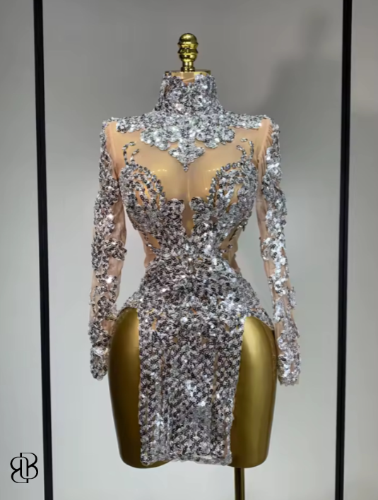 Regal Sparkle High-Neck Mini Dress (Gold & Silver)